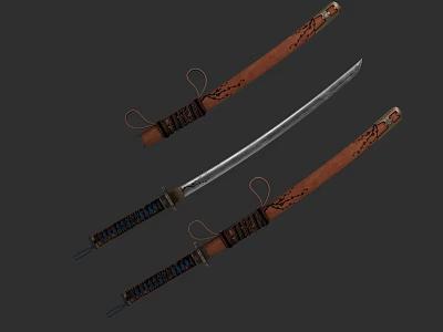Traditional Samurai Swords With Leather Sheaths And Intricate Decorative Patterns 3d model
