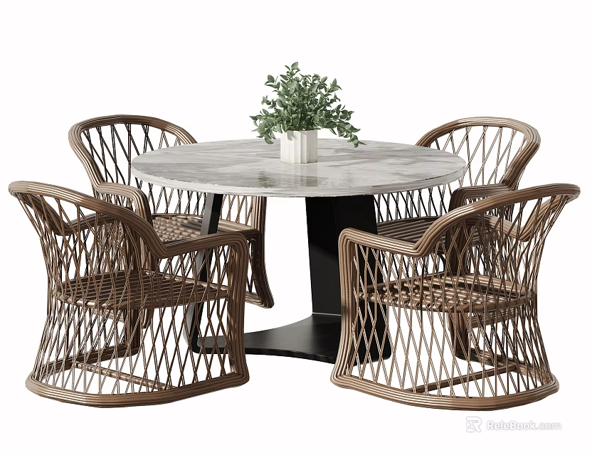Stylish Outdoor Table With Round Marble Tabletop Wicker Chairs And Green Plant 3d model 