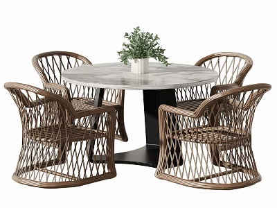 Stylish Outdoor Table With Round Marble Tabletop Wicker Chairs And Green Plant 3d model