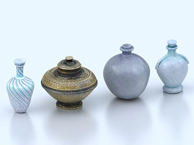 Artistic Ceramic Vessels With Blue Gray Gold Hues And Unique Decorative Designs 3d model