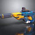 Futuristic Blue and Yellow Pistol with Scope and Modern Design Elements