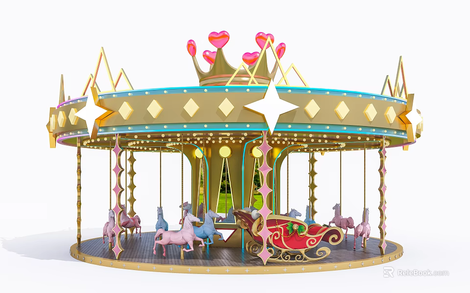 Colorful Carousel Ride With Golden Decoration Pink Hearts Stars Diamond Patterns Horses And Red Sleigh 3d model 