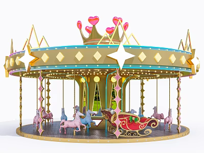 Colorful Carousel Ride With Golden Decoration Pink Hearts Stars Diamond Patterns Horses And Red Sleigh 3d model