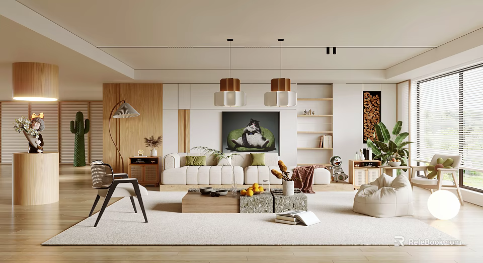 Modern Living Room Interior With Sofa Coffee Table Pendant Lights Plants And Decorative Artwork 3d model 