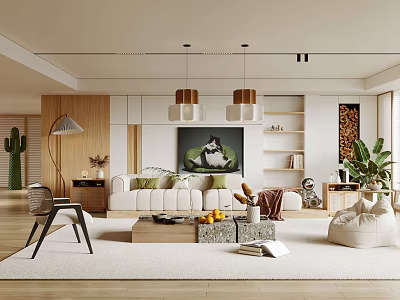 Modern Living Room Interior With Sofa Coffee Table Pendant Lights Plants And Decorative Artwork 3d model