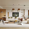 Modern Living Room Interior With Sofa Coffee Table Pendant Lights Plants And Decorative Artwork