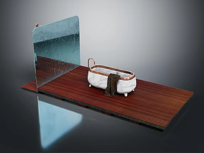 Modern Freestanding Bathtub With Glass Partition On Wooden Platform And Towel 3d model