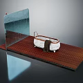 Modern Freestanding Bathtub With Glass Partition On Wooden Platform And Towel
