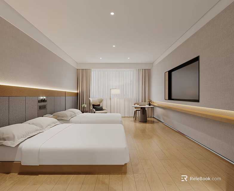 Modern Hotel Guest Room With Twin Beds White Linens Wooden Flooring And Flat Screen TV 3d model 
