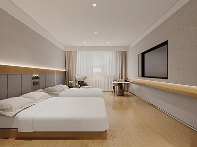 Modern Hotel Guest Room With Twin Beds White Linens Wooden Flooring And Flat Screen TV 3d model