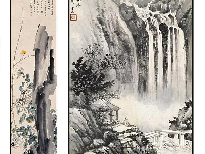 Traditional Chinese Landscape Painting With Waterfall Rocky Mountains And Pavilion 3d model