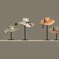Stylish Straw Hats In Beige And Light Brown Displayed On Wooden Shelf