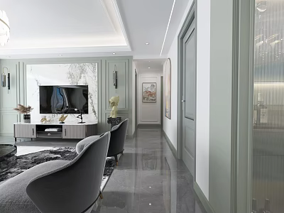 Elegant Modern Living Dining Room Interior With Gray Sofa TV Wall Marble Floor And Chandelier 3d model