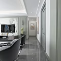 Elegant Modern Living Dining Room Interior With Gray Sofa TV Wall Marble Floor And Chandelier