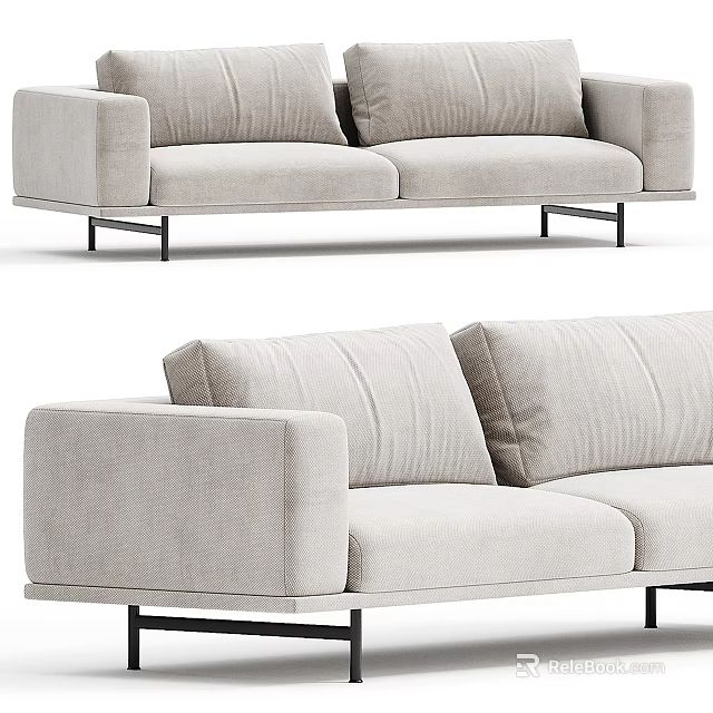 Modern Two Seater Sofa With Textured Linen Fabric Light Beige Metal Legs 3d model 