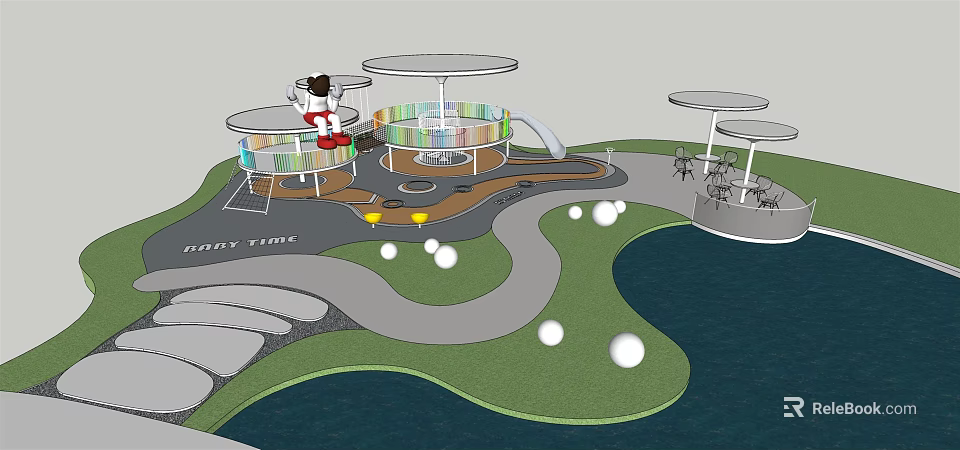 Children's Play Area Design With Circular Structures Slide Green Lawn Curved Pathways And White Spheres 3d model 