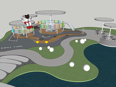 Children's Play Area Design With Circular Structures Slide Green Lawn Curved Pathways And White Spheres 3d model