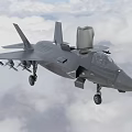 Modern Gray Fighter Jet in Flight Front View with Mounted Weapons and Cloudy Sky 3d model