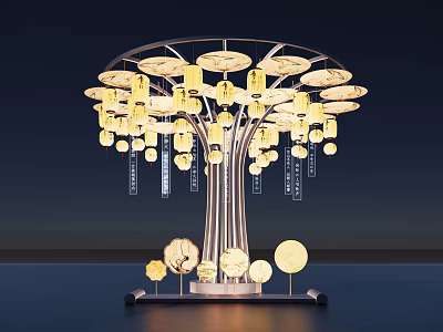 Tree Shaped Art Installation With Illuminated Yellow Lanterns And Round Base Decorations 3d model