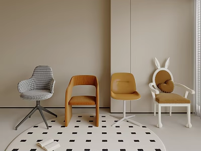 Leisure Chairs In Grey Brown Yellow White With Rabbit Backrest On Black White Checkered Rug 3d model