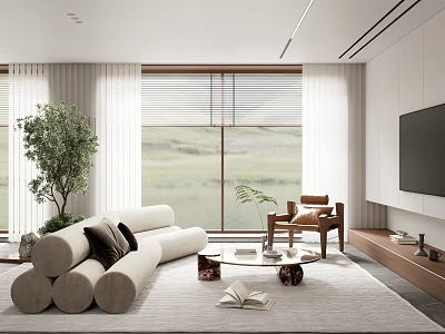 Modern Living Room Interior With Sofa Coffee Table TV And Large Window Plant 3d model