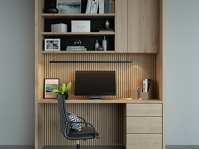 Wooden Home Office Desk with Bookshelf Computer Monitor Table Lamp and Potted Plant 3d model