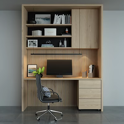 Wooden Home Office Desk with Bookshelf Computer Monitor Table Lamp and Potted Plant 3d model