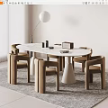Modern Minimalist Dining Table Set With Marble Top And Six Beige Upholstered Chairs