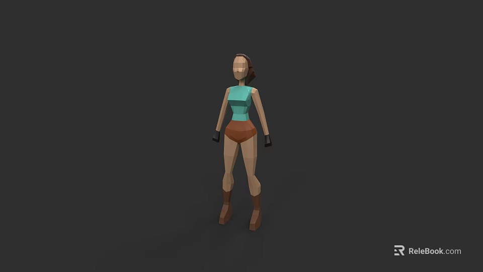 Low Poly Style Female Game And Movie Character With Teal Top Brown Shorts And Boots 3d model 