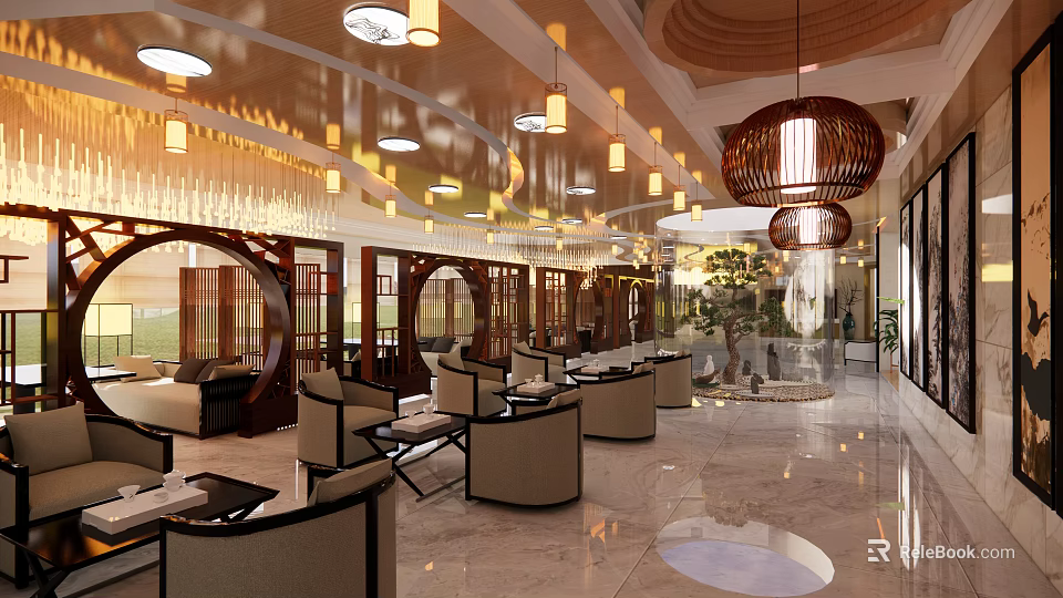 Elegant Hotel Lobby Interior With Chandeliers Circular Wooden Partitions And Marble Flooring 3d model 