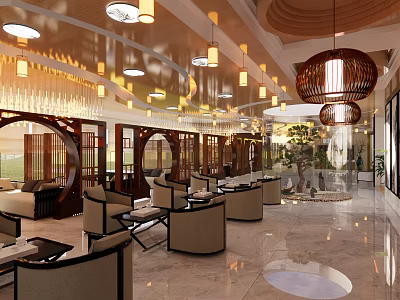 Elegant Hotel Lobby Interior With Chandeliers Circular Wooden Partitions And Marble Flooring 3d model