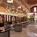 Elegant Hotel Lobby Interior With Chandeliers Circular Wooden Partitions And Marble Flooring