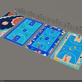 Vibrant Basketball Courts With Colorful Floor Patterns And Outdoor Lighting Systems
