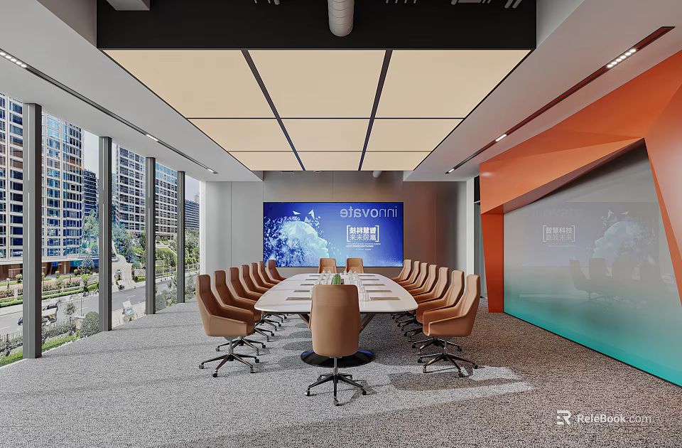 Modern Conference Room With Long Table Brown Chairs Large Screen And Tall Buildings View 3d model 