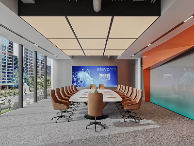 Modern Conference Room With Long Table Brown Chairs Large Screen And Tall Buildings View 3d model