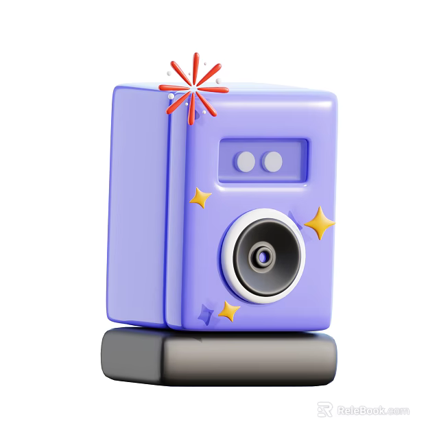 Purple Cube Smart Machine With Red Star Circular Lens Yellow Blue Stars And Black Base 3d model 