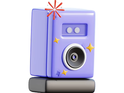 Purple Cube Smart Machine With Red Star Circular Lens Yellow Blue Stars And Black Base 3d model