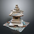 Traditional Style Stone Lantern With Stone Base And Colorful Decorative Fragments