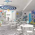 Space Themed Kindergarten Science Activity Zone With White Tables Globes And Wall Murals