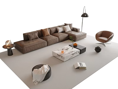 Modern Brown Sectional Sofa Coffee Table Set With Floor Lamp Accent Chair And Decor 3d model