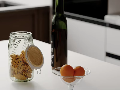 Glass Jar With Wooden Lid Wine Bottle And Orange Bowl Decorative Arrangement For Kitchen Countertop 3d model