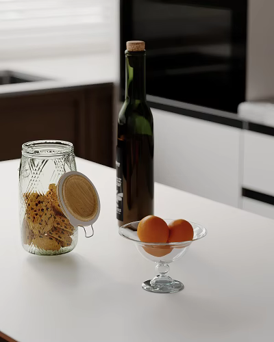 Glass Jar With Wooden Lid Wine Bottle And Orange Bowl Decorative Arrangement For Kitchen Countertop 3d model