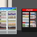 Commercial Double Door Refrigerator Display Units With Brand Logos Stocked With Various Beverages
