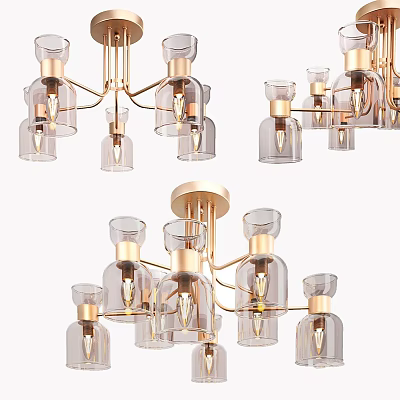 Modern Glass Chandelier With Gold Metal Frame And Multiple Pendant Light Shades 3d model
