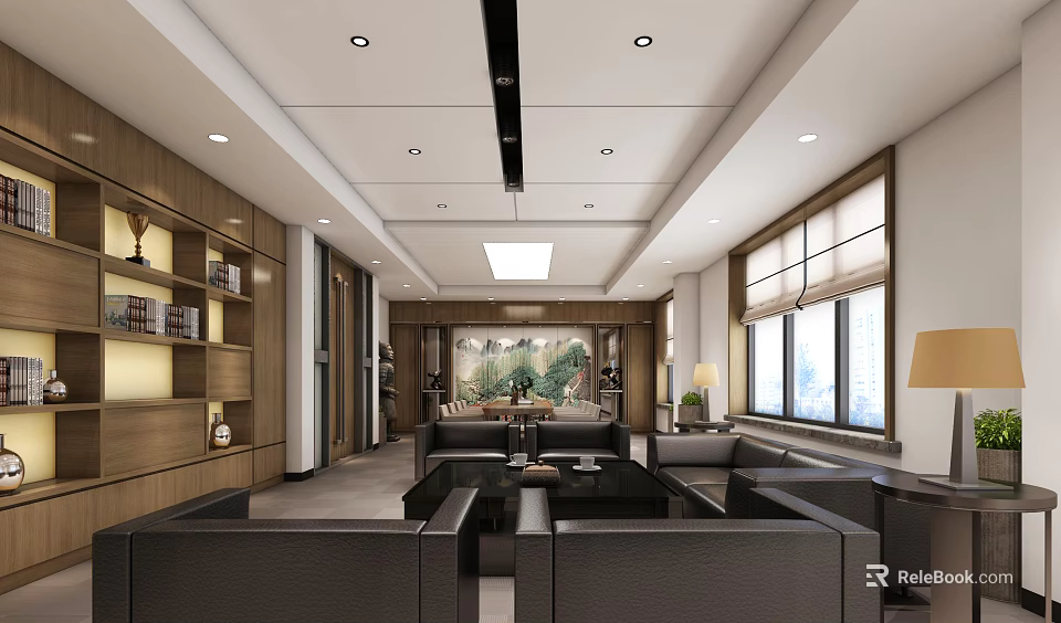 Modern Executive Office Interior With Dark Sofas Coffee Tables Wooden Bookshelves And Wall Painting 3d model 