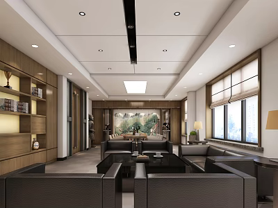 Modern Executive Office Interior With Dark Sofas Coffee Tables Wooden Bookshelves And Wall Painting 3d model