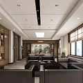 Modern Executive Office Interior With Dark Sofas Coffee Tables Wooden Bookshelves And Wall Painting
