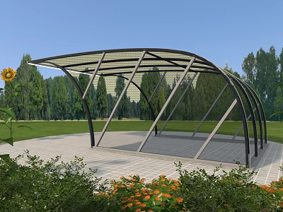 Contemporary Outdoor Pavilion With Curved Metal Frame Glass Roof Green Lawn Trees Flowers Blue Sky 3d model