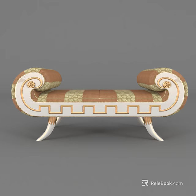 Classic Ottoman With Scroll Armrests Patterned Upholstery And White Decorative Legs 3d model 