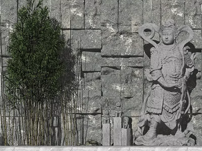 Traditional Garden Ornament Featuring Stone Statue Green Plants And Stone Wall Background 3d model